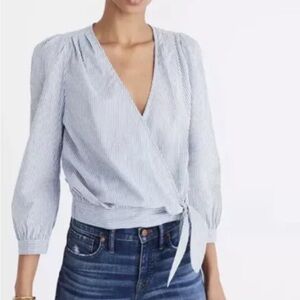 MADEWELL Indigo Striped Wrap, Tie-front Top sz XXS